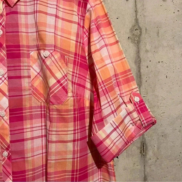 Studio Works NWT Women’s Pink Orange Coral PLAID BUTTON DOWN SHIRT BLOUSE SZ XL - Picture 3 of 9